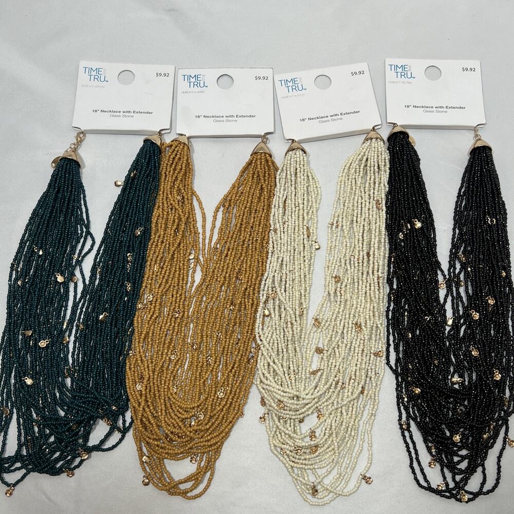 Time and Tru Lot of 4 18” Necklaces Glass Stones Seed Beads Black Teal Ivory Tan